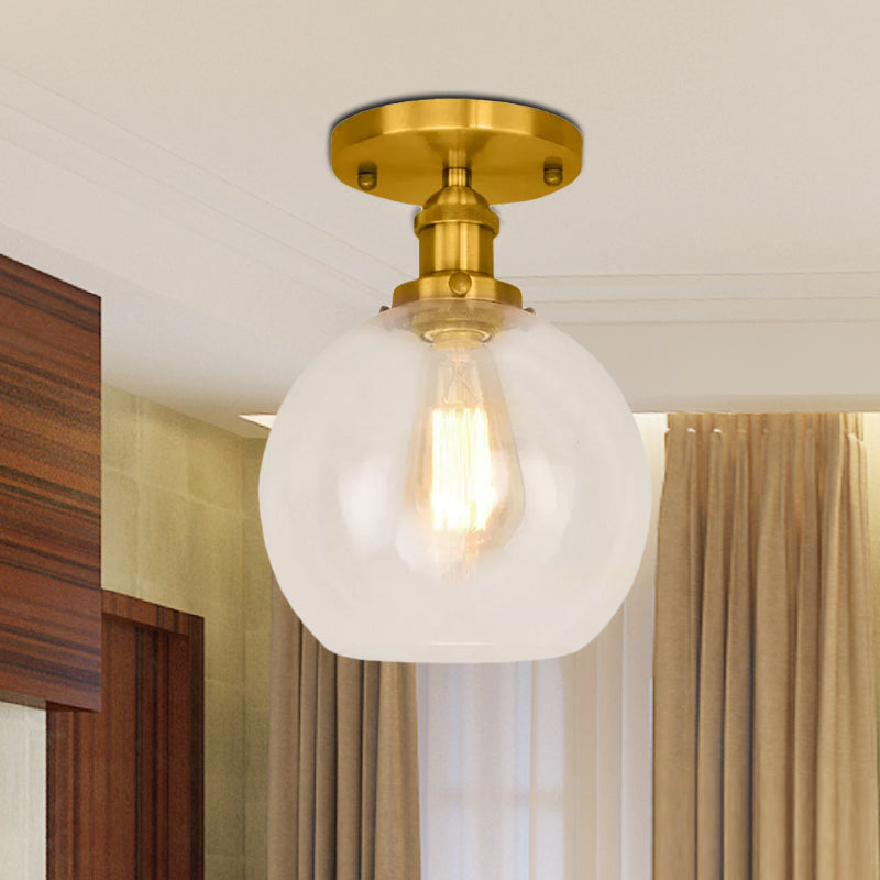 Spherical Balcony Semi Flush Industrial Clear Glass One Light Black/Brass/Copper Ceiling Light Fixture Clearhalo 'Ceiling Lights' 'Close To Ceiling Lights' 'Close to ceiling' 'Glass shade' 'Glass' 'Semi-flushmount' Lighting' 1417901