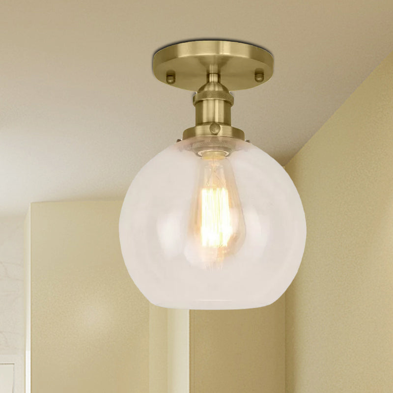 Spherical Balcony Semi Flush Industrial Clear Glass One Light Black/Brass/Copper Ceiling Light Fixture Clearhalo 'Ceiling Lights' 'Close To Ceiling Lights' 'Close to ceiling' 'Glass shade' 'Glass' 'Semi-flushmount' Lighting' 1417902