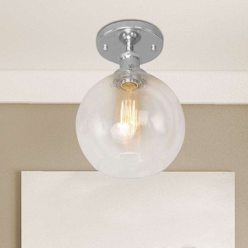 Spherical Balcony Semi Flush Industrial Clear Glass One Light Black/Brass/Copper Ceiling Light Fixture Clearhalo 'Ceiling Lights' 'Close To Ceiling Lights' 'Close to ceiling' 'Glass shade' 'Glass' 'Semi-flushmount' Lighting' 1417905