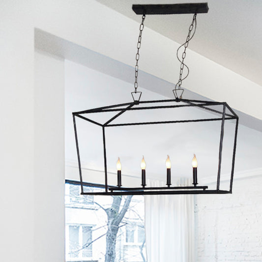 Antique Stylish Linear Cage Island Ceiling Light 4 Lights Wrought Iron Large Pendant Lighting in Black for Restaurant Black Clearhalo 'Ceiling Lights' 'Island Lights' Lighting' 141790