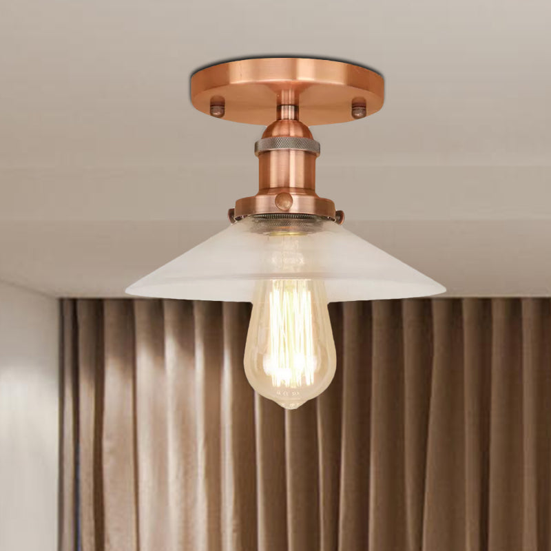 Saucer Frosted Glass Semi Flush Lighting Vintage 1 Bulb Kitchen Light Fixture in Black/Brass/Copper Clearhalo 'Ceiling Lights' 'Close To Ceiling Lights' 'Close to ceiling' 'Glass shade' 'Glass' 'Semi-flushmount' Lighting' 1417913