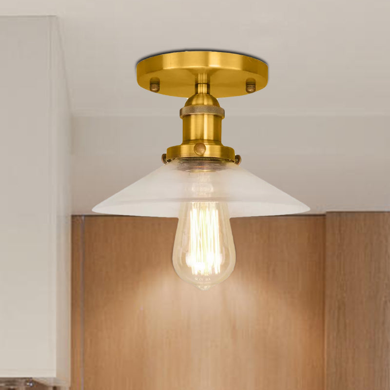 Saucer Frosted Glass Semi Flush Lighting Vintage 1 Bulb Kitchen Light Fixture in Black/Brass/Copper Clearhalo 'Ceiling Lights' 'Close To Ceiling Lights' 'Close to ceiling' 'Glass shade' 'Glass' 'Semi-flushmount' Lighting' 1417914