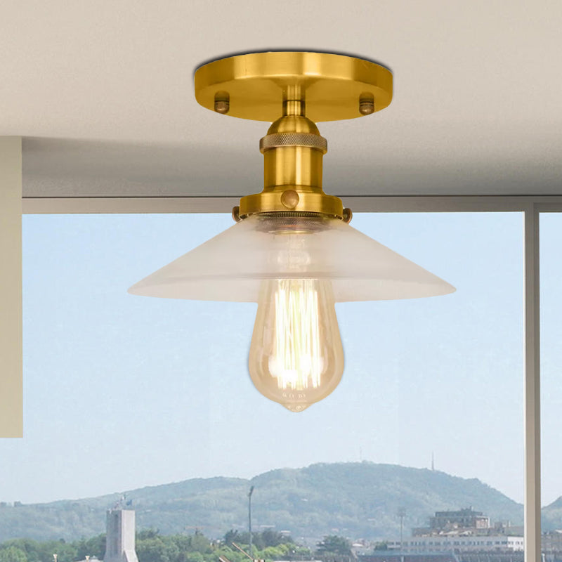Saucer Frosted Glass Semi Flush Lighting Vintage 1 Bulb Kitchen Light Fixture in Black/Brass/Copper Clearhalo 'Ceiling Lights' 'Close To Ceiling Lights' 'Close to ceiling' 'Glass shade' 'Glass' 'Semi-flushmount' Lighting' 1417915
