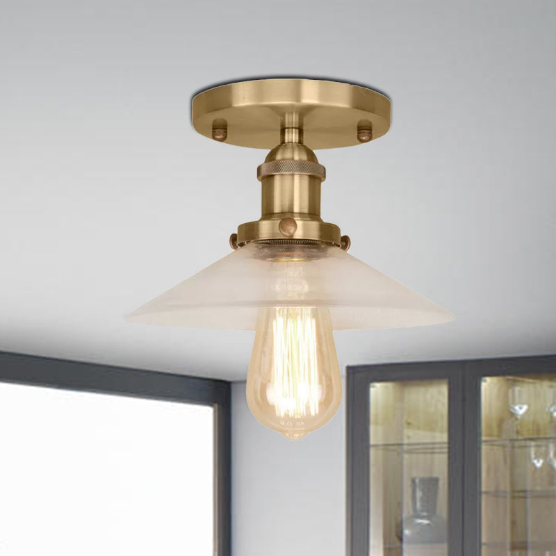 Saucer Frosted Glass Semi Flush Lighting Vintage 1 Bulb Kitchen Light Fixture in Black/Brass/Copper Clearhalo 'Ceiling Lights' 'Close To Ceiling Lights' 'Close to ceiling' 'Glass shade' 'Glass' 'Semi-flushmount' Lighting' 1417916