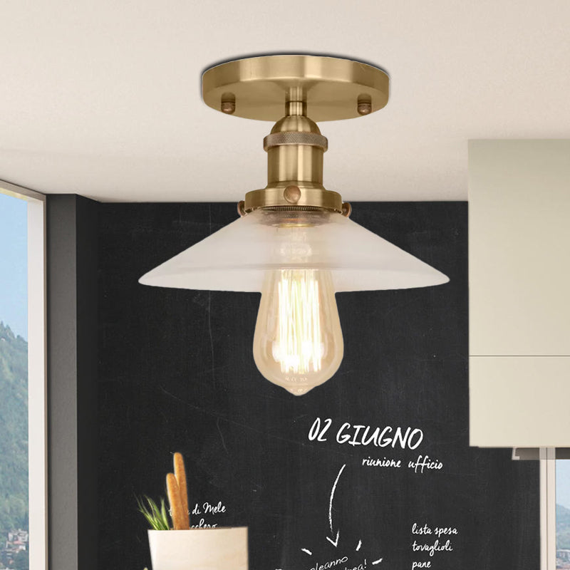 Saucer Frosted Glass Semi Flush Lighting Vintage 1 Bulb Kitchen Light Fixture in Black/Brass/Copper Clearhalo 'Ceiling Lights' 'Close To Ceiling Lights' 'Close to ceiling' 'Glass shade' 'Glass' 'Semi-flushmount' Lighting' 1417917