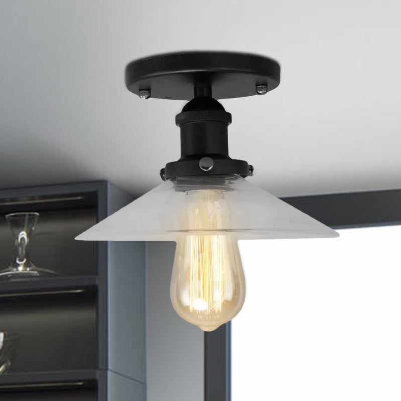 Saucer Frosted Glass Semi Flush Lighting Vintage 1 Bulb Kitchen Light Fixture in Black/Brass/Copper Clearhalo 'Ceiling Lights' 'Close To Ceiling Lights' 'Close to ceiling' 'Glass shade' 'Glass' 'Semi-flushmount' Lighting' 1417918