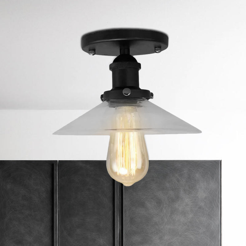 Saucer Frosted Glass Semi Flush Lighting Vintage 1 Bulb Kitchen Light Fixture in Black/Brass/Copper Clearhalo 'Ceiling Lights' 'Close To Ceiling Lights' 'Close to ceiling' 'Glass shade' 'Glass' 'Semi-flushmount' Lighting' 1417919