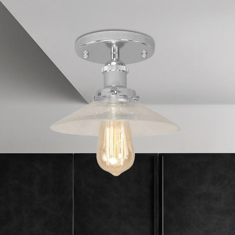 Saucer Frosted Glass Semi Flush Lighting Vintage 1 Bulb Kitchen Light Fixture in Black/Brass/Copper Clearhalo 'Ceiling Lights' 'Close To Ceiling Lights' 'Close to ceiling' 'Glass shade' 'Glass' 'Semi-flushmount' Lighting' 1417920