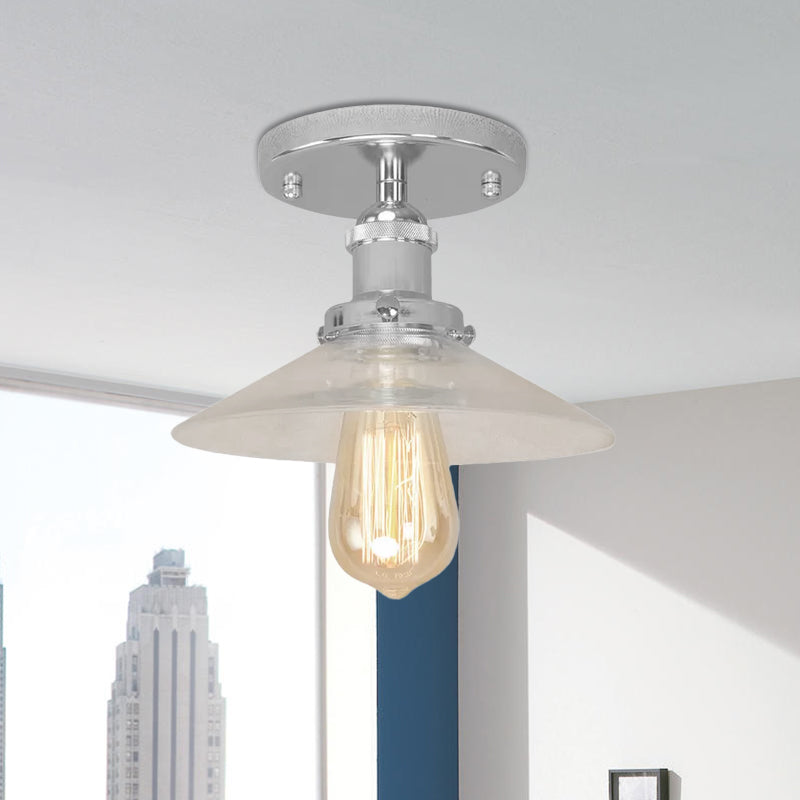 Saucer Frosted Glass Semi Flush Lighting Vintage 1 Bulb Kitchen Light Fixture in Black/Brass/Copper Clearhalo 'Ceiling Lights' 'Close To Ceiling Lights' 'Close to ceiling' 'Glass shade' 'Glass' 'Semi-flushmount' Lighting' 1417921