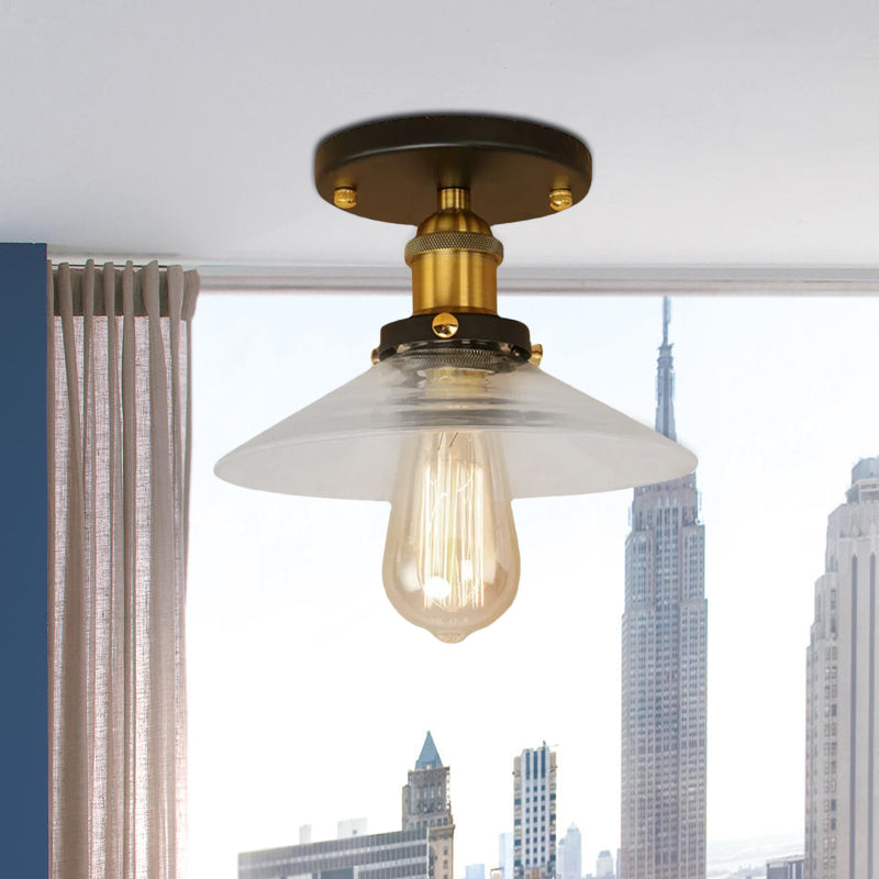 Saucer Frosted Glass Semi Flush Lighting Vintage 1 Bulb Kitchen Light Fixture in Black/Brass/Copper Clearhalo 'Ceiling Lights' 'Close To Ceiling Lights' 'Close to ceiling' 'Glass shade' 'Glass' 'Semi-flushmount' Lighting' 1417923