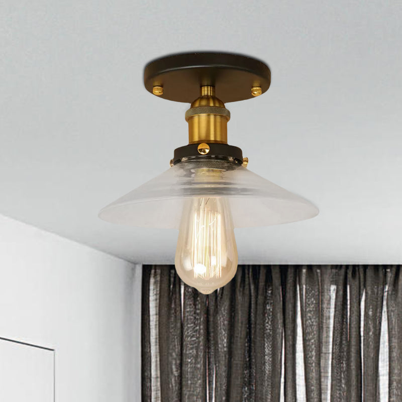 Saucer Frosted Glass Semi Flush Lighting Vintage 1 Bulb Kitchen Light Fixture in Black/Brass/Copper Clearhalo 'Ceiling Lights' 'Close To Ceiling Lights' 'Close to ceiling' 'Glass shade' 'Glass' 'Semi-flushmount' Lighting' 1417924