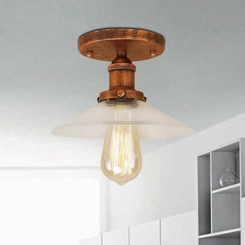Saucer Frosted Glass Semi Flush Lighting Vintage 1 Bulb Kitchen Light Fixture in Black/Brass/Copper Clearhalo 'Ceiling Lights' 'Close To Ceiling Lights' 'Close to ceiling' 'Glass shade' 'Glass' 'Semi-flushmount' Lighting' 1417925