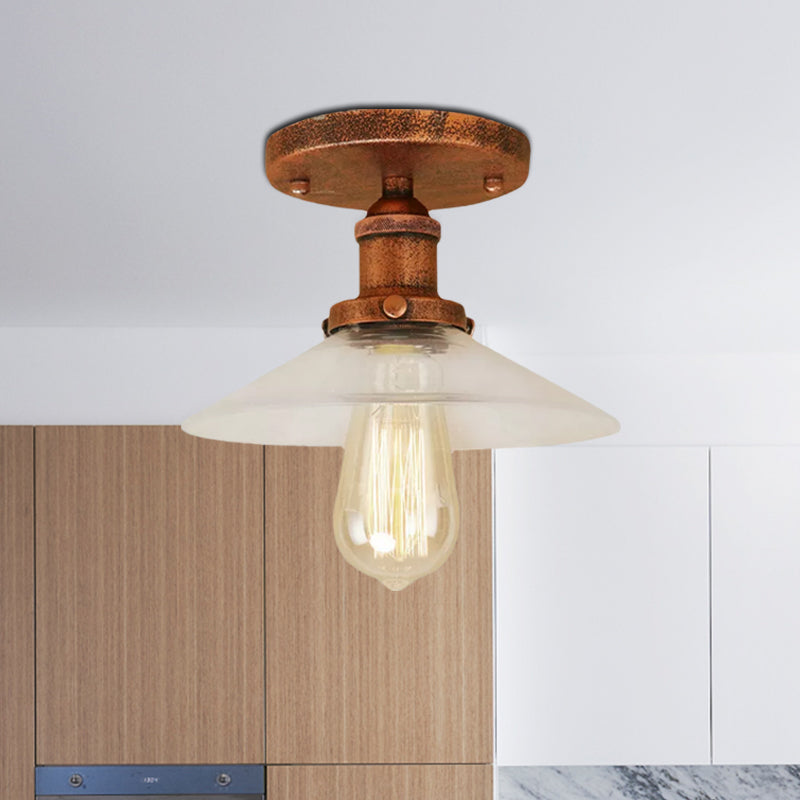 Saucer Frosted Glass Semi Flush Lighting Vintage 1 Bulb Kitchen Light Fixture in Black/Brass/Copper Clearhalo 'Ceiling Lights' 'Close To Ceiling Lights' 'Close to ceiling' 'Glass shade' 'Glass' 'Semi-flushmount' Lighting' 1417926