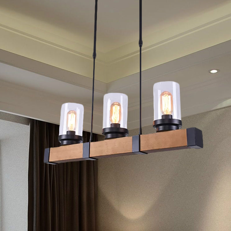 3/6 Lights Island Lighting with Cylinder Shade Clear Glass Industrial Dining Room Hanging Lamp in Brown Clearhalo 'Ceiling Lights' 'Glass shade' 'Glass' 'Island Lights' 'Pendant Lights' Lighting' 1417952
