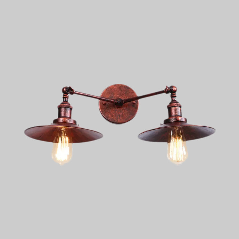 2 Bulbs Flat Shade Wall Lighting Industrial Style Brass/Rust Metal Wall Mount Fixture for Corridor Clearhalo 'Art deco wall lights' 'Cast Iron' 'Glass' 'Industrial wall lights' 'Industrial' 'Middle century wall lights' 'Modern' 'Rustic wall lights' 'Tiffany' 'Traditional wall lights' 'Wall Lamps & Sconces' 'Wall Lights' Lighting' 1417988