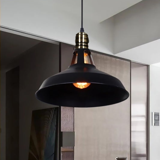 10.5/12/15 Inch Dia 1 Head Barn Pendant Lighting Industrial Black/White Metallic Suspension Light over Table Black Clearhalo 'Art Deco Pendants' 'Black' 'Cast Iron' 'Ceiling Lights' 'Ceramic' 'Crystal' 'Industrial Pendants' 'Industrial' 'Metal' 'Middle Century Pendants' 'Pendant Lights' 'Pendants' 'Rustic Pendants' 'Tiffany' Lighting' 1418106