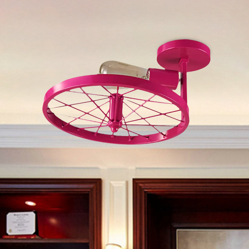 White/Pink Bare Bulb Ceiling Lighting Vintage Style Metallic 1 Head Farmhouse Semi Flush Pendant Light with Wheel Design Clearhalo 'Ceiling Lights' 'Close To Ceiling Lights' 'Close to ceiling' 'Semi-flushmount' Lighting' 1418139