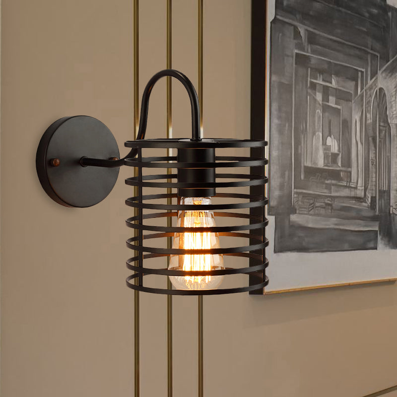 Metal Cylinder Caged Wall Lamp with Gooseneck Arm Retro 1 Head Corridor Wall Sconce Light in Black, 8.5"/9.5" Width Clearhalo 'Wall Lamps & Sconces' 'Wall Lights' Lighting' 1418144