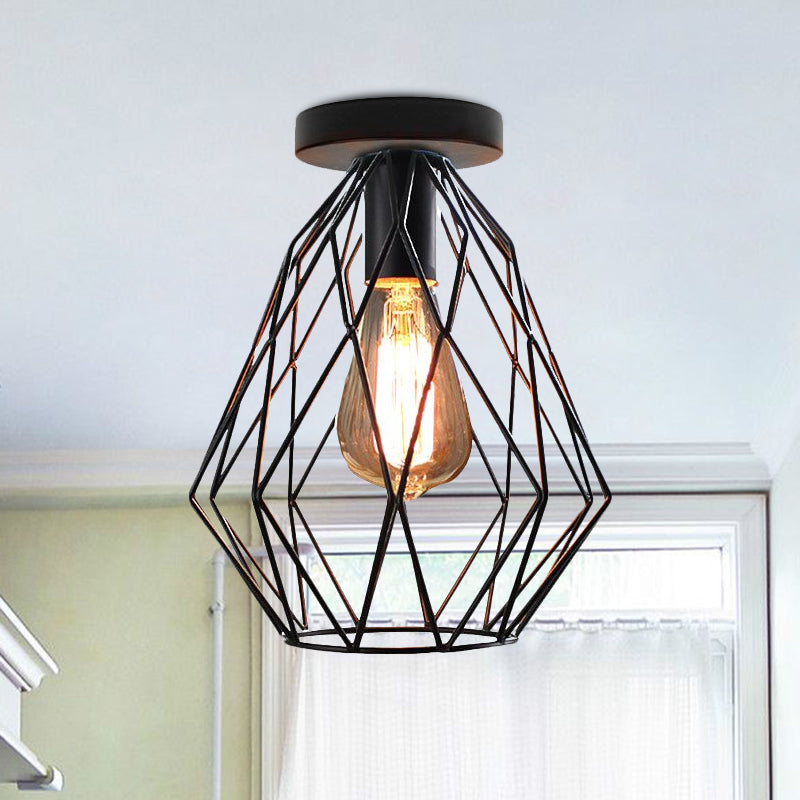 Retro Stylish Geometric Cage Ceiling Light 1 Bulb Iron Semi Flush Mount Light with Square/Rhombus Design in Black for Restaurant Clearhalo 'Ceiling Lights' 'Close To Ceiling Lights' 'Close to ceiling' 'Semi-flushmount' Lighting' 1418164