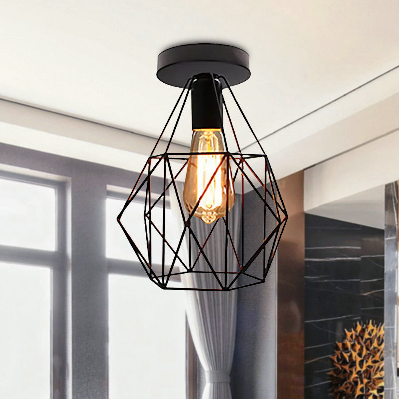 Retro Stylish Geometric Cage Ceiling Light 1 Bulb Iron Semi Flush Mount Light with Square/Rhombus Design in Black for Restaurant Clearhalo 'Ceiling Lights' 'Close To Ceiling Lights' 'Close to ceiling' 'Semi-flushmount' Lighting' 1418165