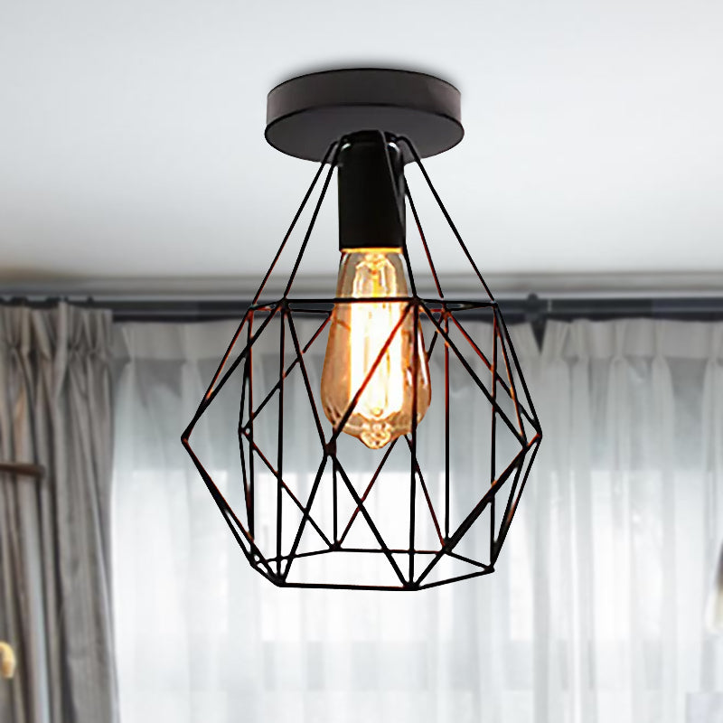 Retro Stylish Geometric Cage Ceiling Light 1 Bulb Iron Semi Flush Mount Light with Square/Rhombus Design in Black for Restaurant Clearhalo 'Ceiling Lights' 'Close To Ceiling Lights' 'Close to ceiling' 'Semi-flushmount' Lighting' 1418166