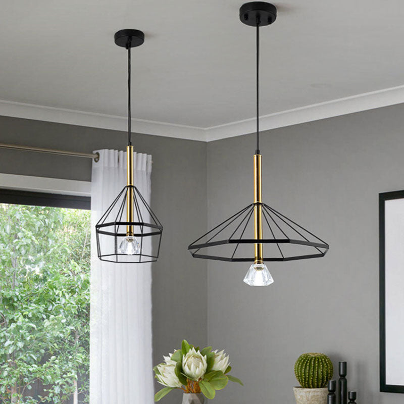 1 Light Pendant Lamp Industrial Style Caged Metal Hanging Light with Clear Crystal Shade in Black Finish Clearhalo 'Ceiling Lights' 'Pendant Lights' 'Pendants' Lighting' 1418168