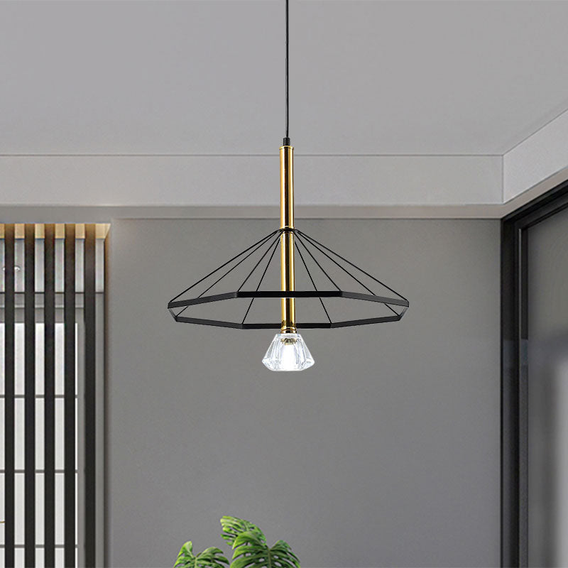 1 Light Pendant Lamp Industrial Style Caged Metal Hanging Light with Clear Crystal Shade in Black Finish Clearhalo 'Ceiling Lights' 'Pendant Lights' 'Pendants' Lighting' 1418169