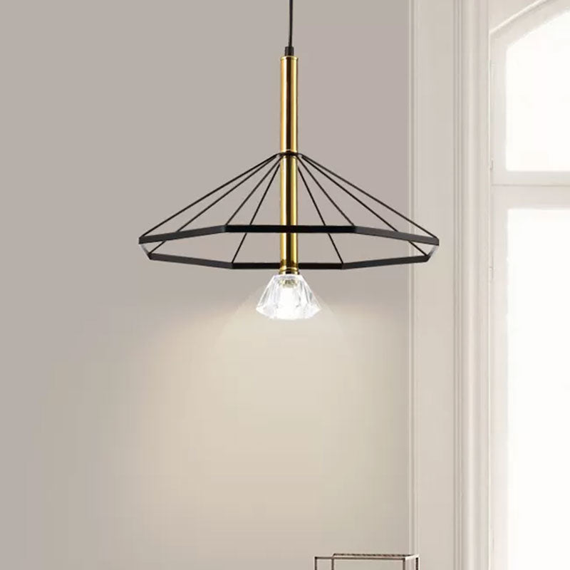 1 Light Pendant Lamp Industrial Style Caged Metal Hanging Light with Clear Crystal Shade in Black Finish Clearhalo 'Ceiling Lights' 'Pendant Lights' 'Pendants' Lighting' 1418170