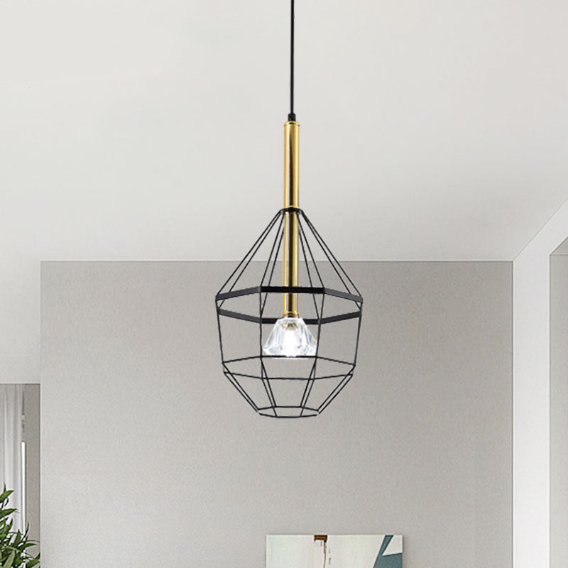 1 Light Pendant Lamp Industrial Style Caged Metal Hanging Light with Clear Crystal Shade in Black Finish Clearhalo 'Ceiling Lights' 'Pendant Lights' 'Pendants' Lighting' 1418173