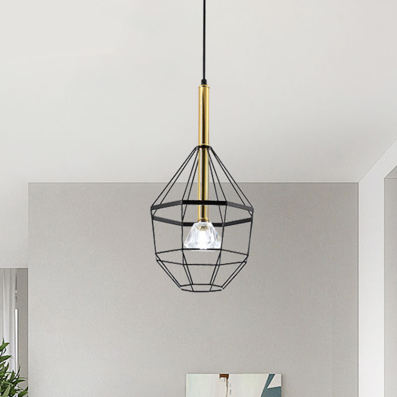 1 Light Pendant Lamp Industrial Style Caged Metal Hanging Light with Clear Crystal Shade in Black Finish Black B Clearhalo 'Ceiling Lights' 'Pendant Lights' 'Pendants' Lighting' 1418173_0c4e7126-bf32-4e42-a4c1-098ec0d00449