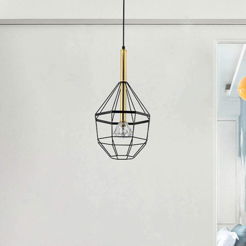 1 Light Pendant Lamp Industrial Style Caged Metal Hanging Light with Clear Crystal Shade in Black Finish Clearhalo 'Ceiling Lights' 'Pendant Lights' 'Pendants' Lighting' 1418174