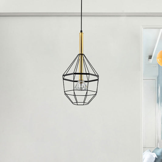 1 Light Pendant Lamp Industrial Style Caged Metal Hanging Light with Clear Crystal Shade in Black Finish Clearhalo 'Ceiling Lights' 'Pendant Lights' 'Pendants' Lighting' 1418174