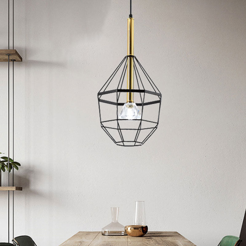 1 Light Pendant Lamp Industrial Style Caged Metal Hanging Light with Clear Crystal Shade in Black Finish Clearhalo 'Ceiling Lights' 'Pendant Lights' 'Pendants' Lighting' 1418175