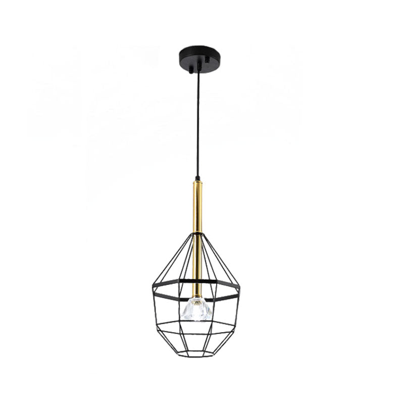 1 Light Pendant Lamp Industrial Style Caged Metal Hanging Light with Clear Crystal Shade in Black Finish Clearhalo 'Ceiling Lights' 'Pendant Lights' 'Pendants' Lighting' 1418176