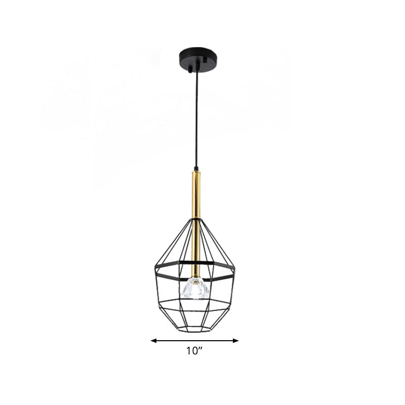 1 Light Pendant Lamp Industrial Style Caged Metal Hanging Light with Clear Crystal Shade in Black Finish Clearhalo 'Ceiling Lights' 'Pendant Lights' 'Pendants' Lighting' 1418177