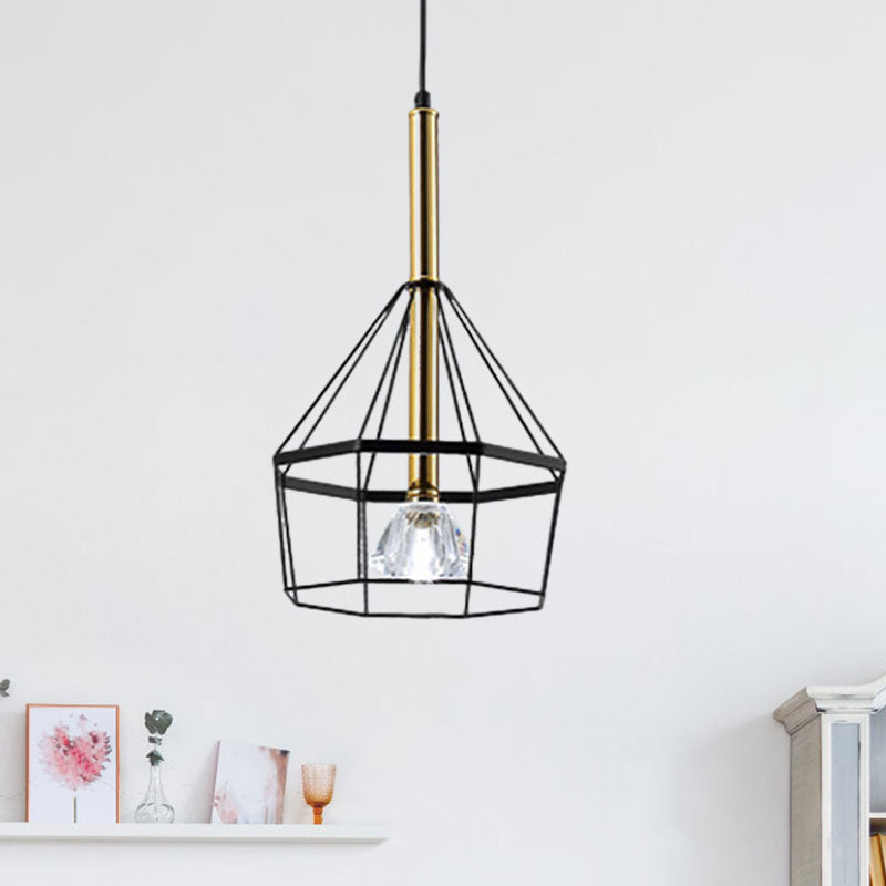 1 Light Pendant Lamp Industrial Style Caged Metal Hanging Light with Clear Crystal Shade in Black Finish Clearhalo 'Ceiling Lights' 'Pendant Lights' 'Pendants' Lighting' 1418178