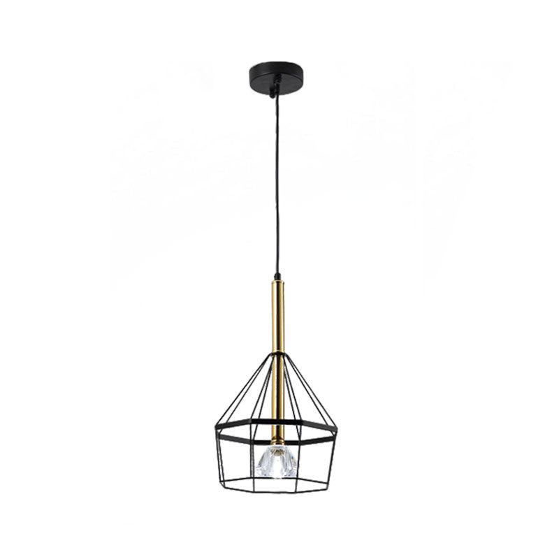 1 Light Pendant Lamp Industrial Style Caged Metal Hanging Light with Clear Crystal Shade in Black Finish Clearhalo 'Ceiling Lights' 'Pendant Lights' 'Pendants' Lighting' 1418181