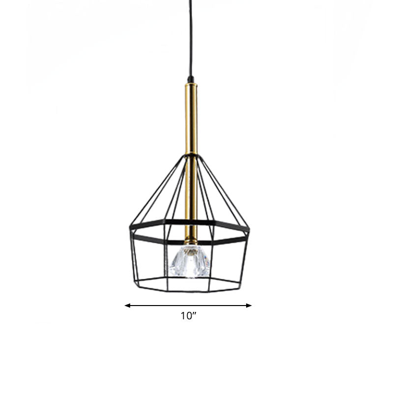 1 Light Pendant Lamp Industrial Style Caged Metal Hanging Light with Clear Crystal Shade in Black Finish Clearhalo 'Ceiling Lights' 'Pendant Lights' 'Pendants' Lighting' 1418182