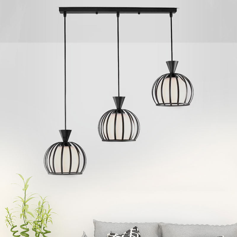 Metal Dome Cage Ceiling Pendant with Milk Glass Shade Retro Style 3 Bulb Indoor Hanging Light in Black/White Clearhalo 'Ceiling Lights' 'Modern Pendants' 'Modern' 'Pendant Lights' 'Pendants' Lighting' 1418183