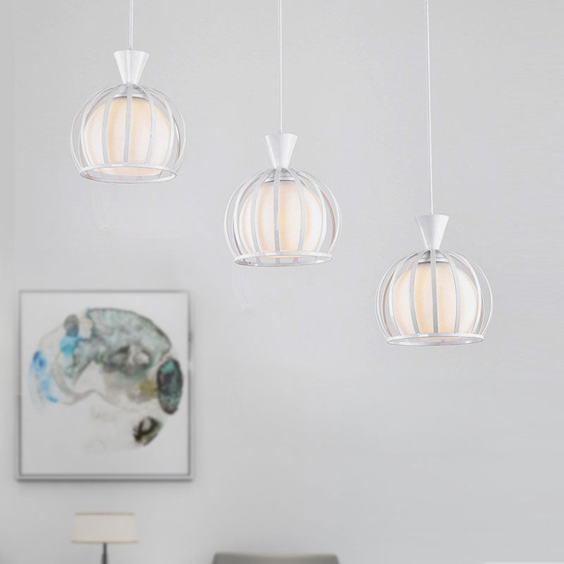 Metal Dome Cage Ceiling Pendant with Milk Glass Shade Retro Style 3 Bulb Indoor Hanging Light in Black/White Clearhalo 'Ceiling Lights' 'Modern Pendants' 'Modern' 'Pendant Lights' 'Pendants' Lighting' 1418184