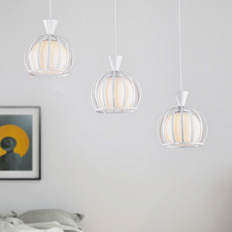 Metal Dome Cage Ceiling Pendant with Milk Glass Shade Retro Style 3 Bulb Indoor Hanging Light in Black/White Clearhalo 'Ceiling Lights' 'Modern Pendants' 'Modern' 'Pendant Lights' 'Pendants' Lighting' 1418185