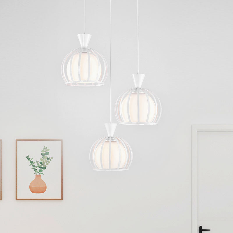 Metal Dome Cage Ceiling Pendant with Milk Glass Shade Retro Style 3 Bulb Indoor Hanging Light in Black/White Clearhalo 'Ceiling Lights' 'Modern Pendants' 'Modern' 'Pendant Lights' 'Pendants' Lighting' 1418187