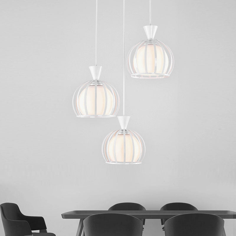 Metal Dome Cage Ceiling Pendant with Milk Glass Shade Retro Style 3 Bulb Indoor Hanging Light in Black/White Clearhalo 'Ceiling Lights' 'Modern Pendants' 'Modern' 'Pendant Lights' 'Pendants' Lighting' 1418188