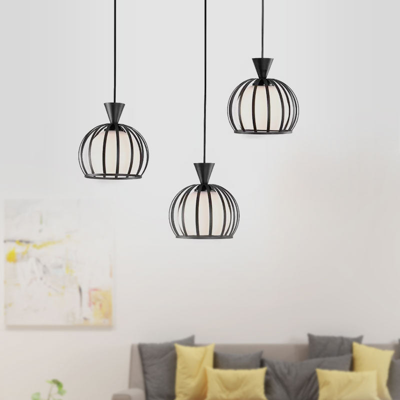 Metal Dome Cage Ceiling Pendant with Milk Glass Shade Retro Style 3 Bulb Indoor Hanging Light in Black/White Clearhalo 'Ceiling Lights' 'Modern Pendants' 'Modern' 'Pendant Lights' 'Pendants' Lighting' 1418190