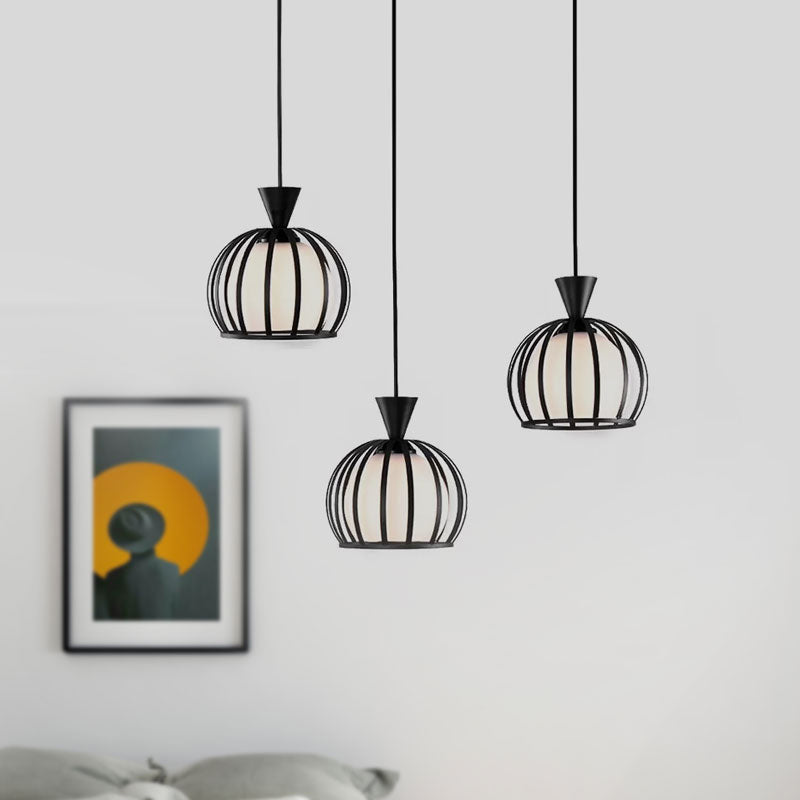 Metal Dome Cage Ceiling Pendant with Milk Glass Shade Retro Style 3 Bulb Indoor Hanging Light in Black/White Clearhalo 'Ceiling Lights' 'Modern Pendants' 'Modern' 'Pendant Lights' 'Pendants' Lighting' 1418191