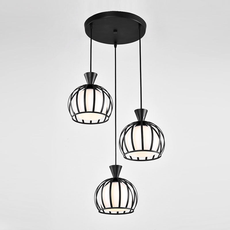 Metal Dome Cage Ceiling Pendant with Milk Glass Shade Retro Style 3 Bulb Indoor Hanging Light in Black/White Clearhalo 'Ceiling Lights' 'Modern Pendants' 'Modern' 'Pendant Lights' 'Pendants' Lighting' 1418192