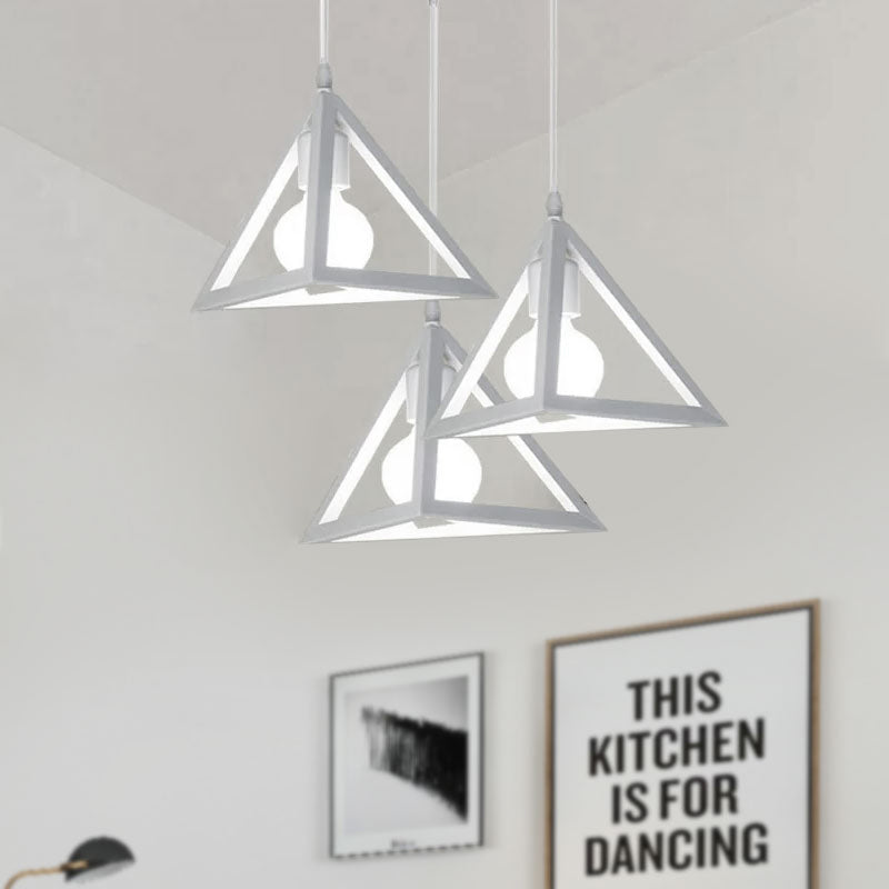 3 Heads Hanging Lamp Retro Industrial Triangle Metallic Pendant Lighting with Wire Guard and Linear/Round Canopy in Black/White Clearhalo 'Ceiling Lights' 'Modern Pendants' 'Modern' 'Pendant Lights' 'Pendants' Lighting' 1418193