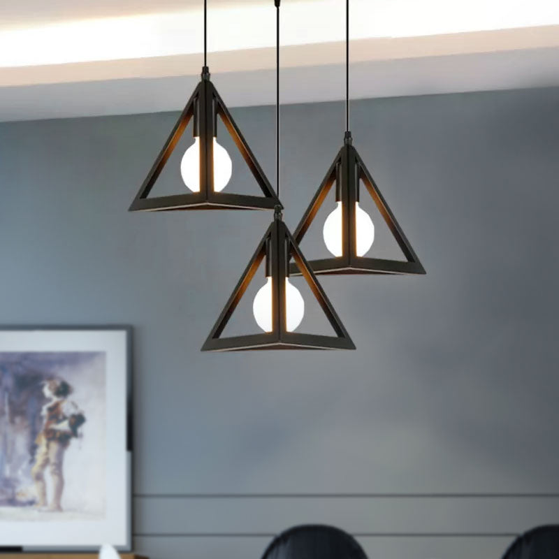 3 Heads Hanging Lamp Retro Industrial Triangle Metallic Pendant Lighting with Wire Guard and Linear/Round Canopy in Black/White Clearhalo 'Ceiling Lights' 'Modern Pendants' 'Modern' 'Pendant Lights' 'Pendants' Lighting' 1418194