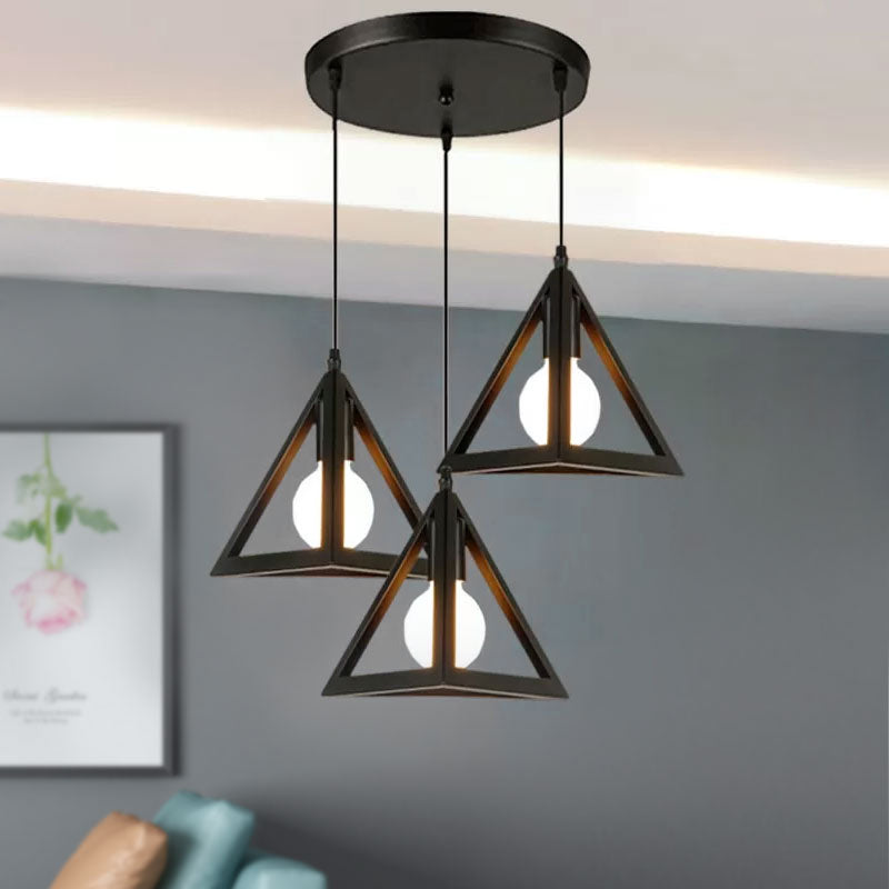 3 Heads Hanging Lamp Retro Industrial Triangle Metallic Pendant Lighting with Wire Guard and Linear/Round Canopy in Black/White Clearhalo 'Ceiling Lights' 'Modern Pendants' 'Modern' 'Pendant Lights' 'Pendants' Lighting' 1418195