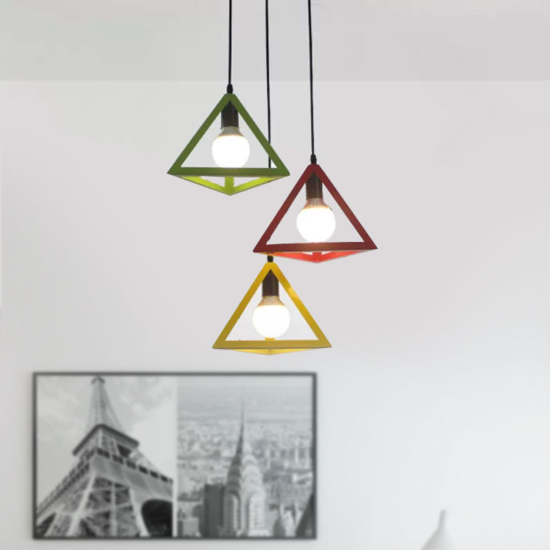 3 Heads Hanging Lamp Retro Industrial Triangle Metallic Pendant Lighting with Wire Guard and Linear/Round Canopy in Black/White Clearhalo 'Ceiling Lights' 'Modern Pendants' 'Modern' 'Pendant Lights' 'Pendants' Lighting' 1418196